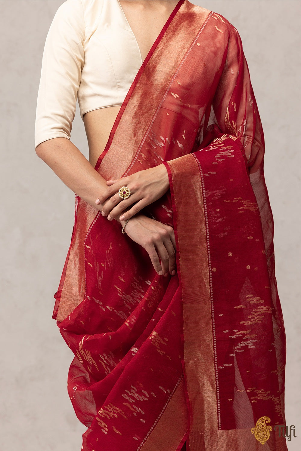 &#39;Ganga&#39; Rust Red Pure Cotton Banarasi Jamdani Real Zari Handloom Saree