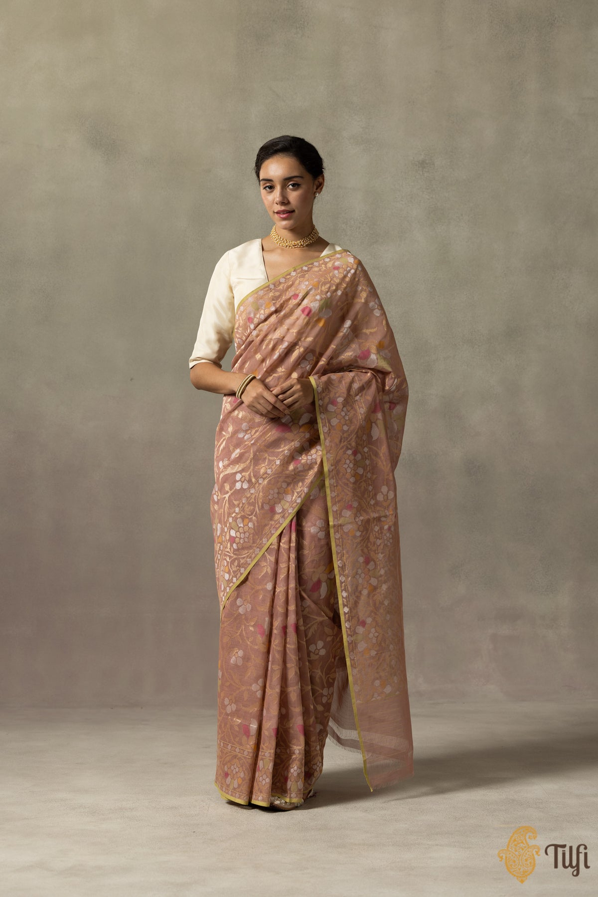 &#39;Mandakini&#39; Rosy Brown Pure Cotton Jamdani Real Zari Banarasi Handloom Saree