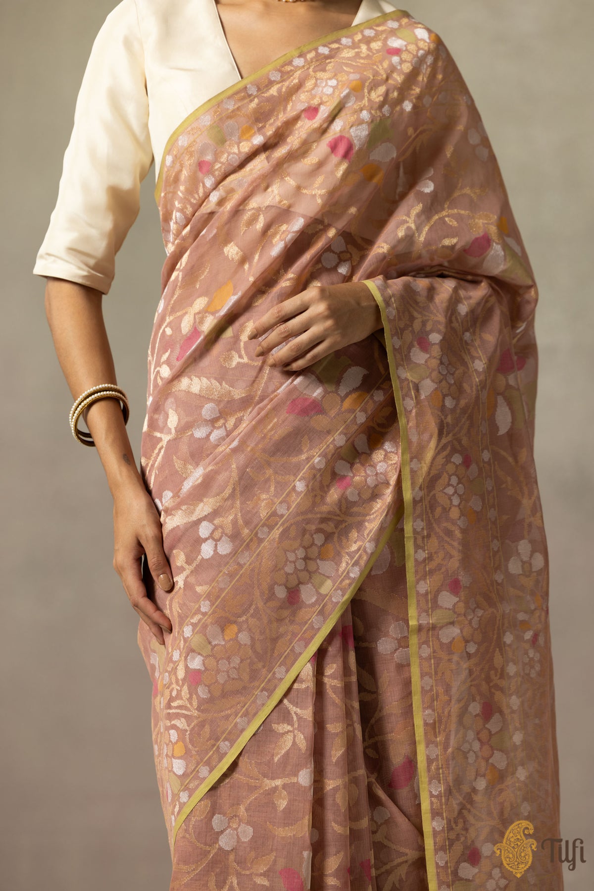 &#39;Mandakini&#39; Rosy Brown Pure Cotton Jamdani Real Zari Banarasi Handloom Saree