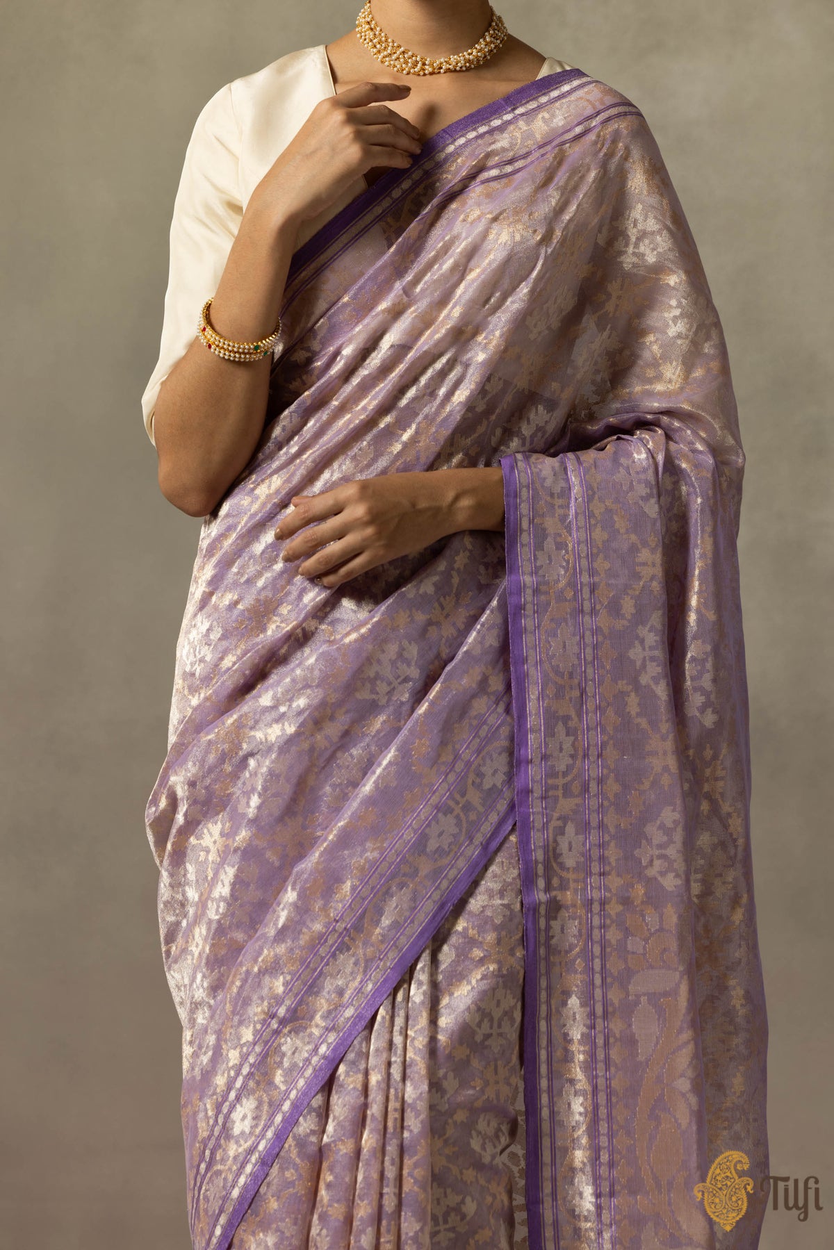&#39;Kairavi&#39; Lavender Pure Cotton Tissue Real Zari Banarasi Handloom Saree
