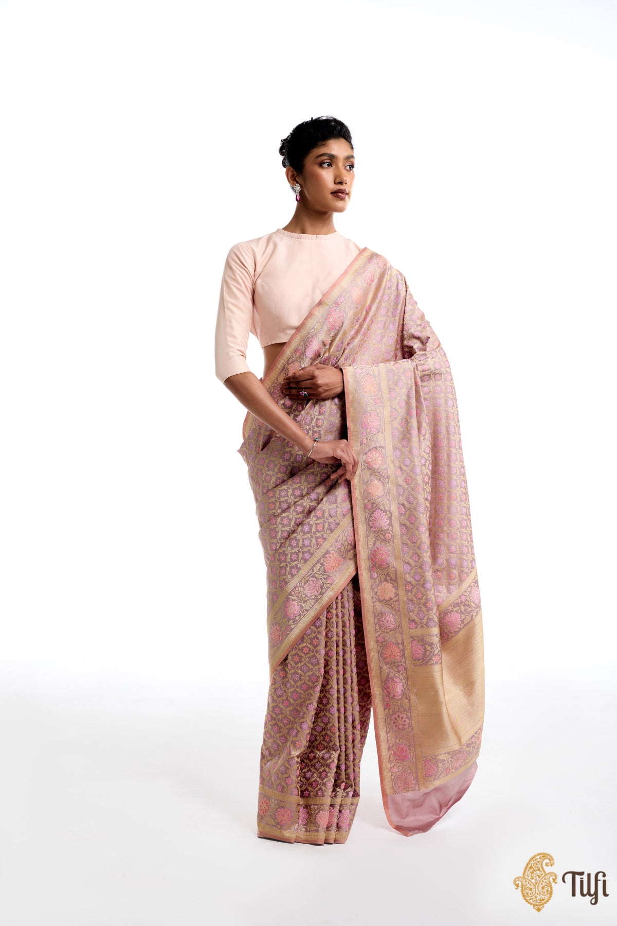 &#39;Veena&#39; Taupe Pure Katan Silk Real Zari Banarasi Handloom Saree