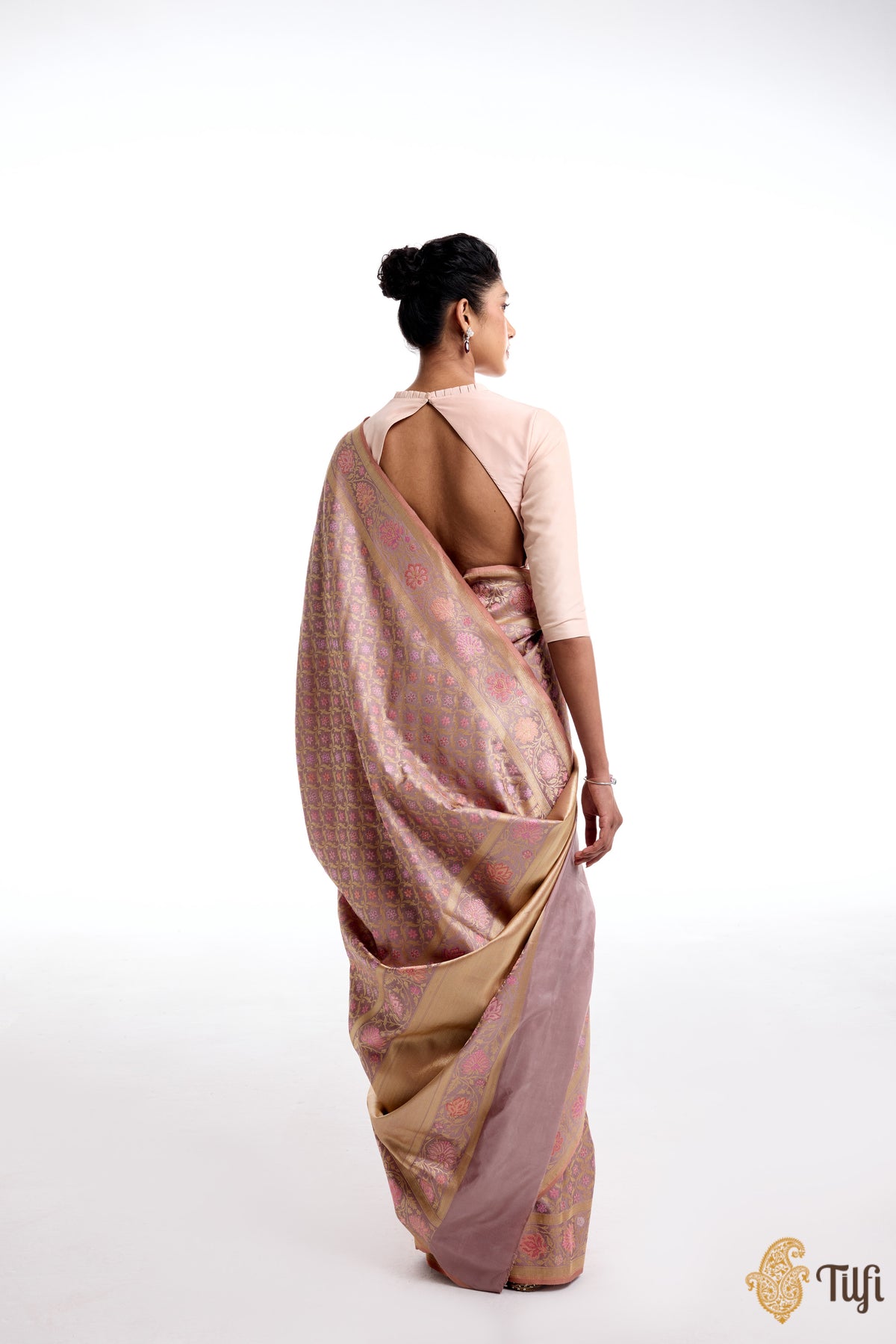 &#39;Veena&#39; Taupe Pure Katan Silk Real Zari Banarasi Handloom Saree