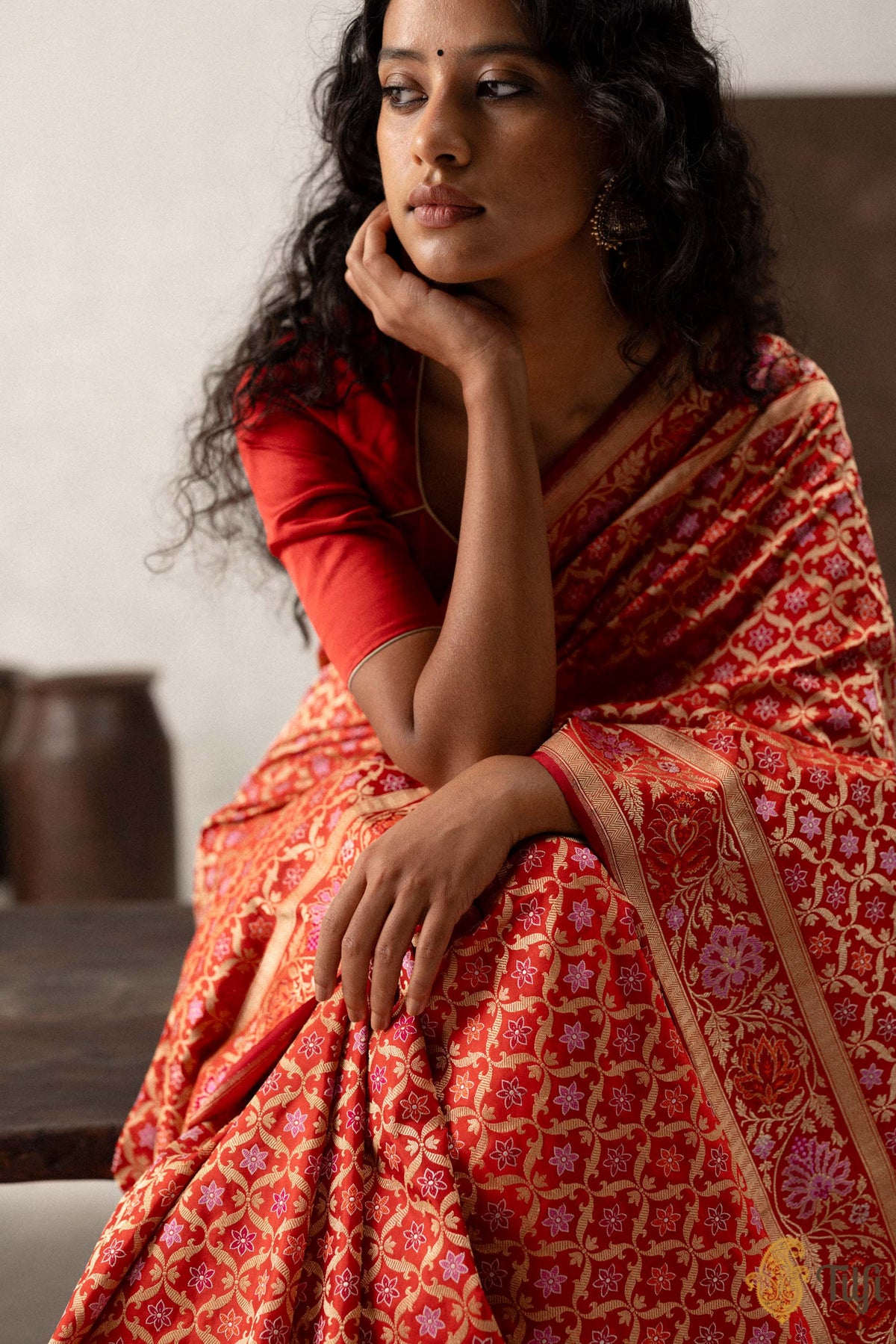 &#39;Veena&#39; Red Pure Katan Silk Real Zari Banarasi Handloom Saree