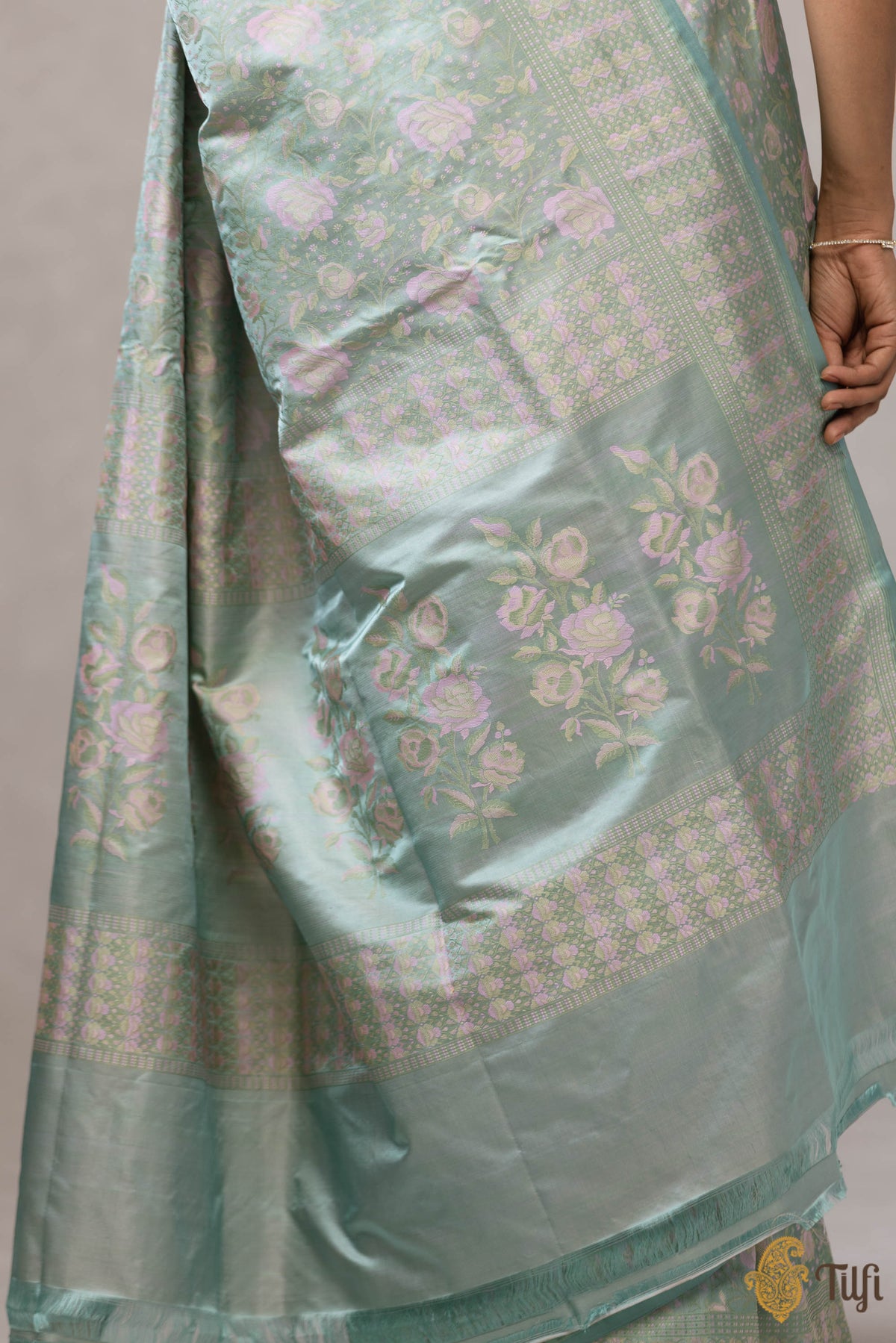 &#39;Kaveri&#39; Turquoise Blue Pure Soft Satin Silk Banarasi Handloom Saree