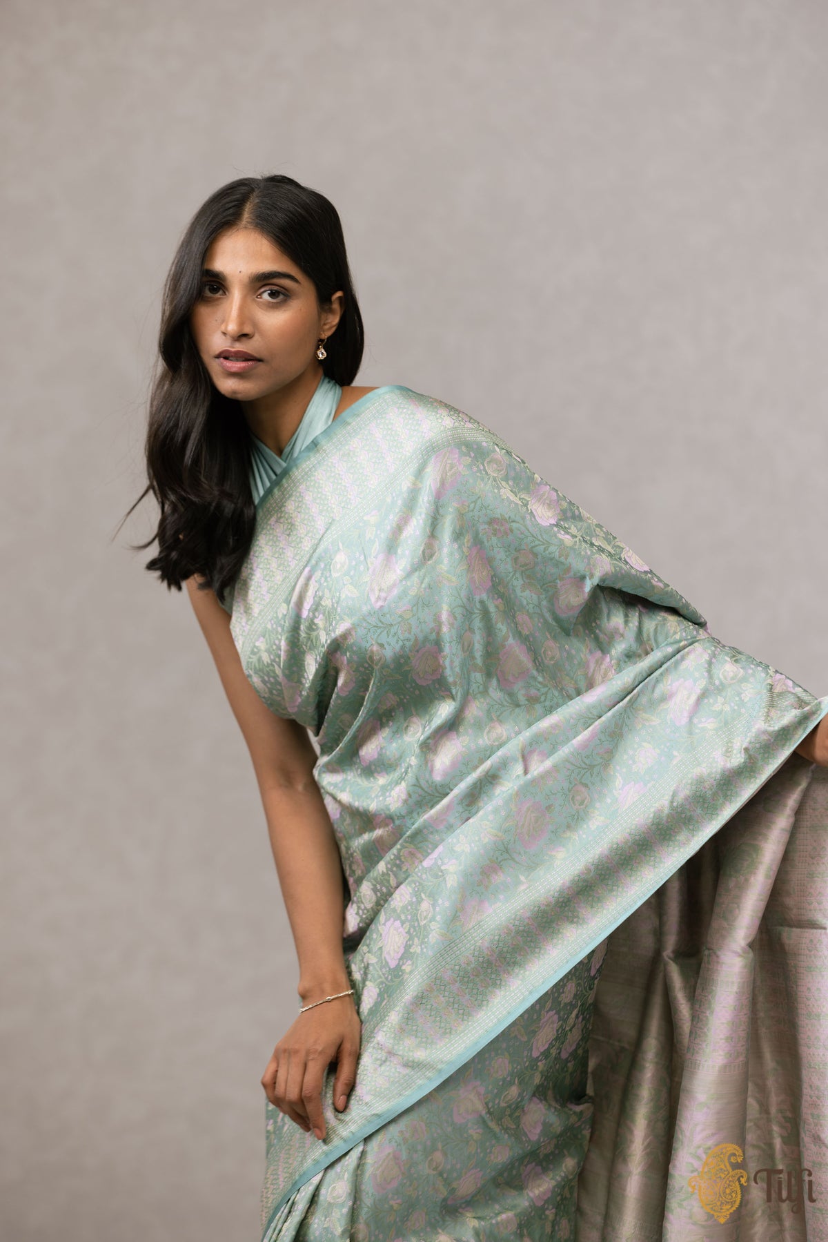 &#39;Kaveri&#39; Turquoise Blue Pure Soft Satin Silk Banarasi Handloom Saree