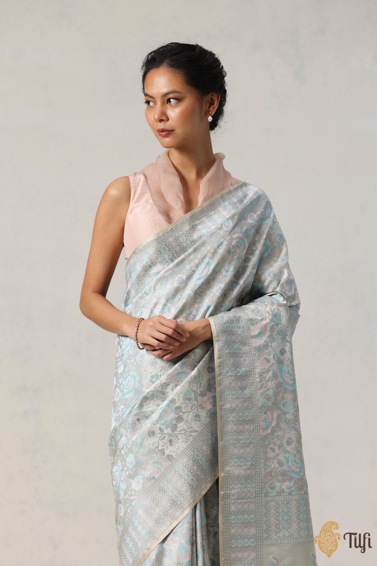 &#39;Kaveri&#39; Beige Grey Pure Soft Satin Silk Banarasi Handloom Saree
