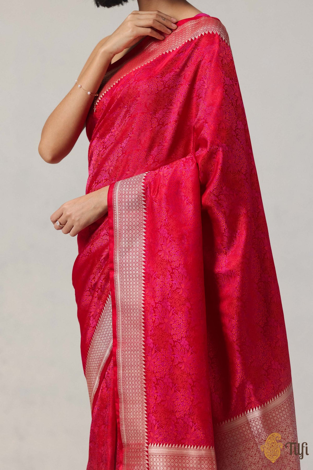 Red-Pink Pure Soft Satin Silk Banarasi Handloom Saree
