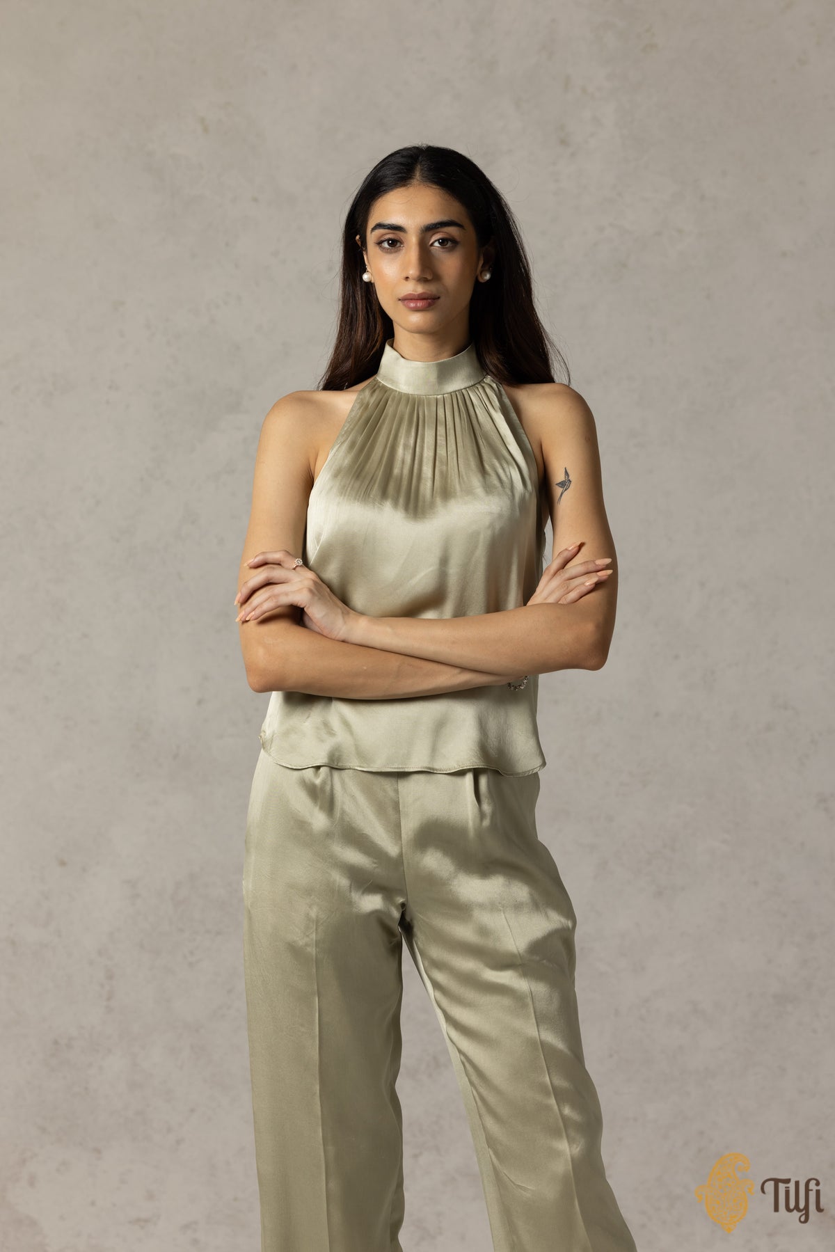 Soft Green Pure Satin Silk Halter Top and Pants Co-ord Set