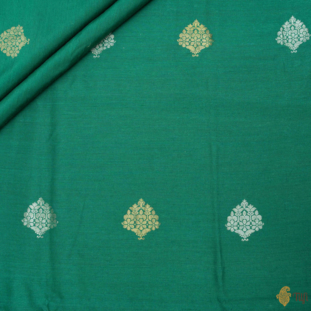 Dark Green Pure Monga Silk Banarasi Handloom Fabric