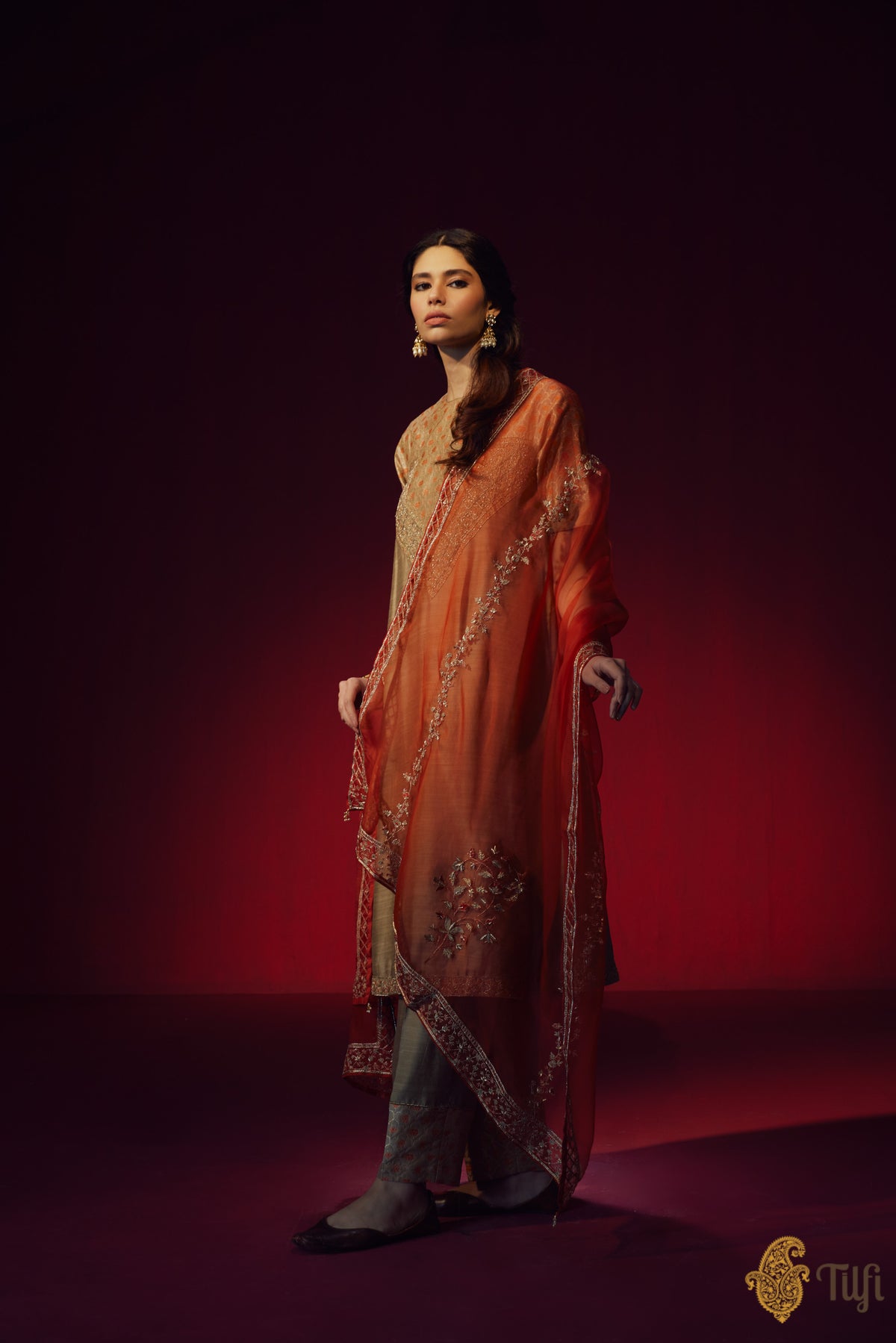 Taupe Grey Raw Silk Brocade and Hand-embroidered Suit Set