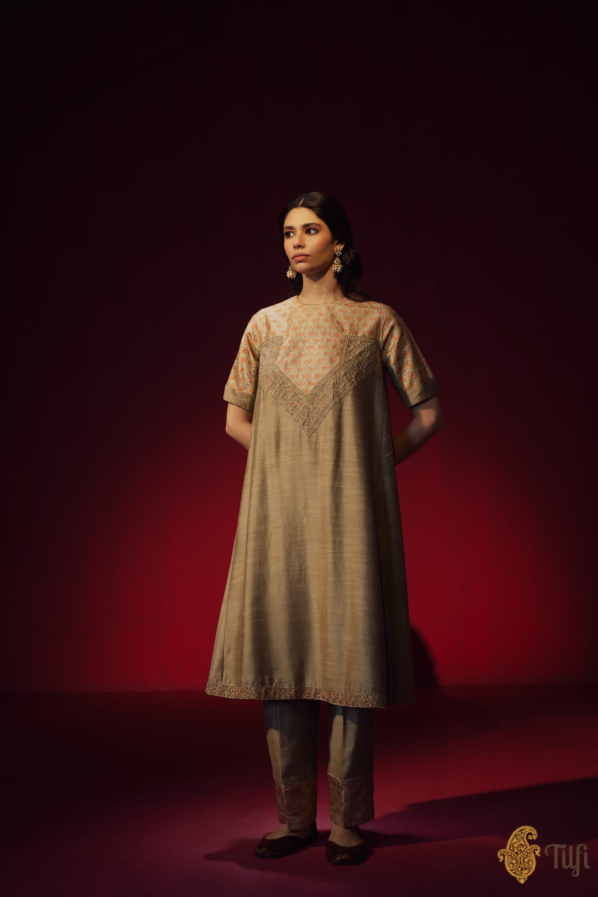 Taupe Grey Raw Silk Brocade and Hand-embroidered Suit Set