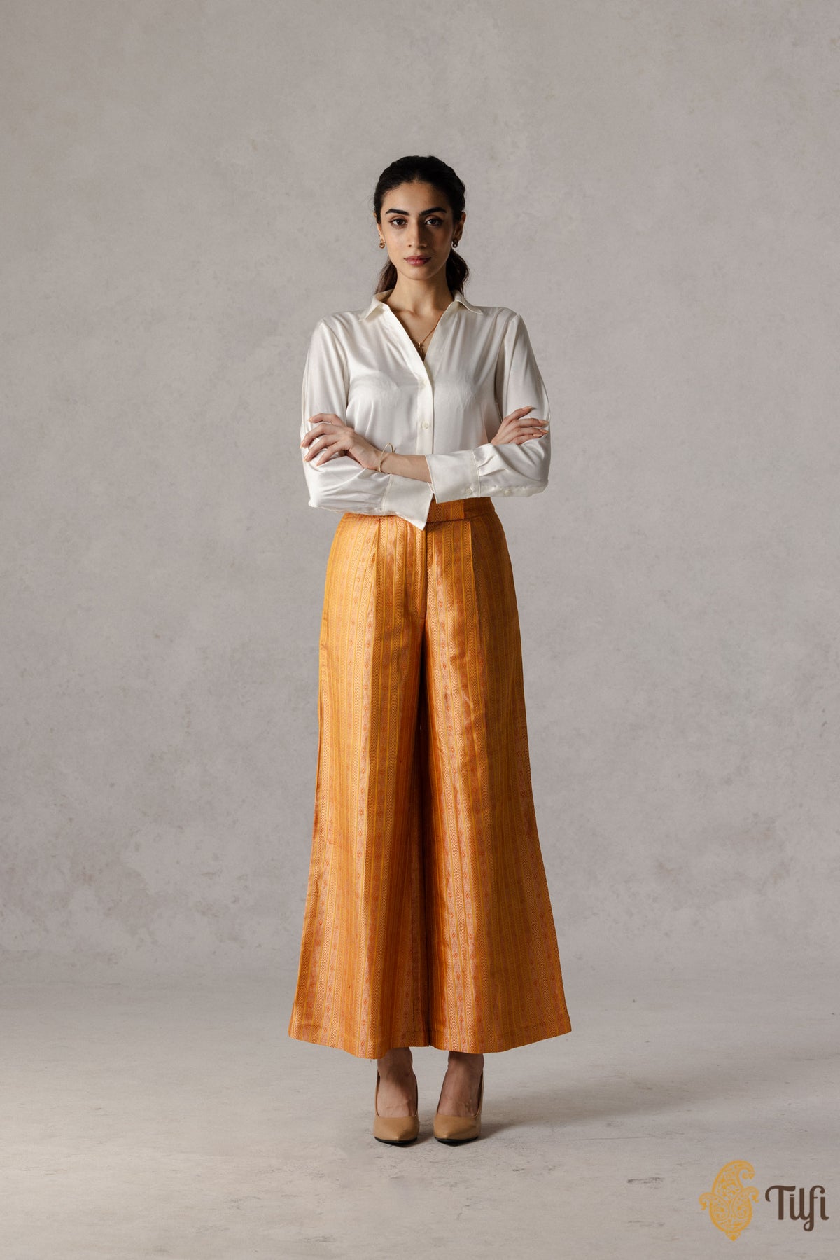 Yellow Pure Katan Silk Handwoven Striped Brocade Pants