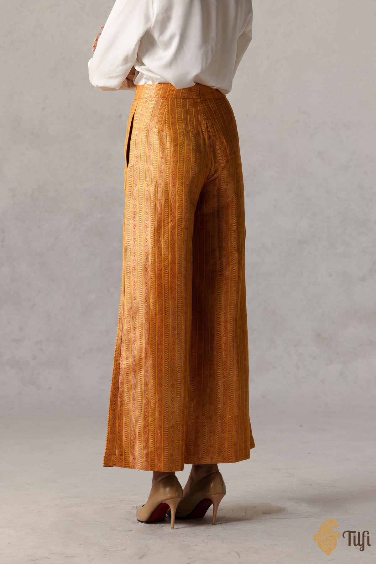Yellow Pure Katan Silk Handwoven Striped Brocade Pants