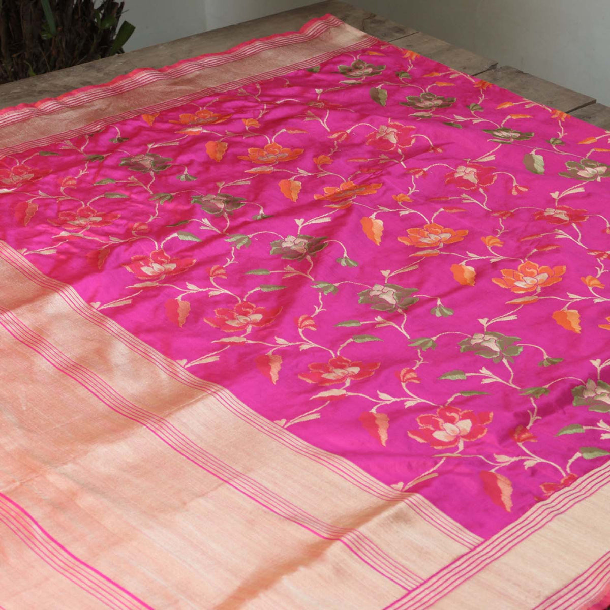 Orange-Rose Pink Pure Katan Silk Banarasi Handloom Dupatta - Tilfi - 2