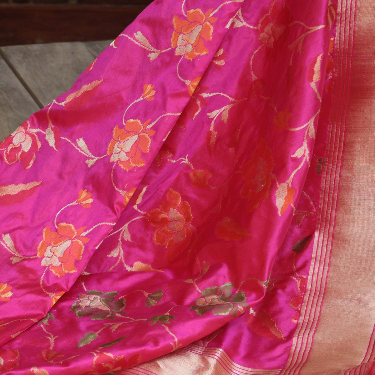 Red-Rose Pink Pure Katan Silk Banarasi Handloom Dupatta - Tilfi