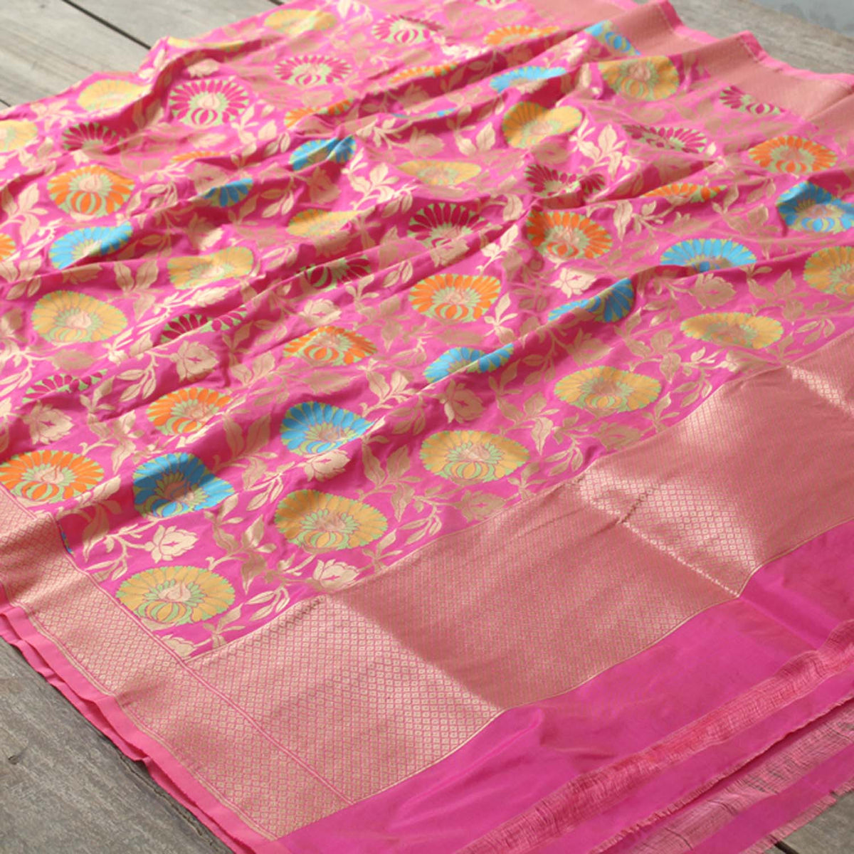 Peach Indian Pink Pure Katan Silk Banarasi Handloom Dupatta - Tilfi