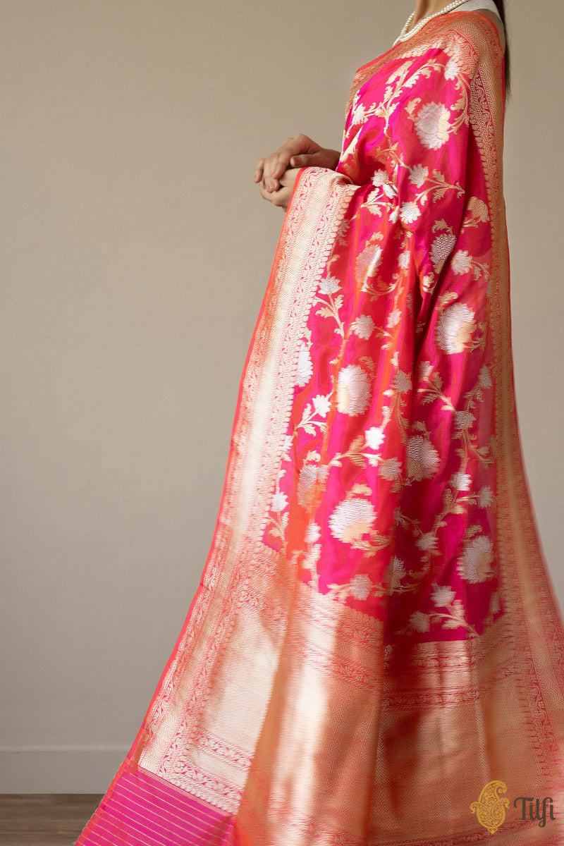KJ0004-Orange-Pink Pure Katan Silk Banarasi Handloom Saree