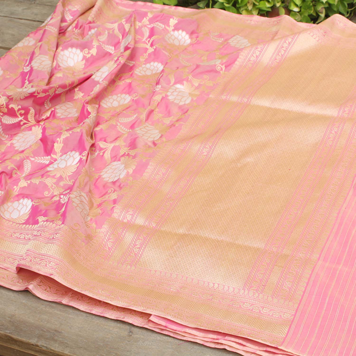Indian Pink Pure Katan Silk Banarasi Handloom Saree - Tilfi - 3