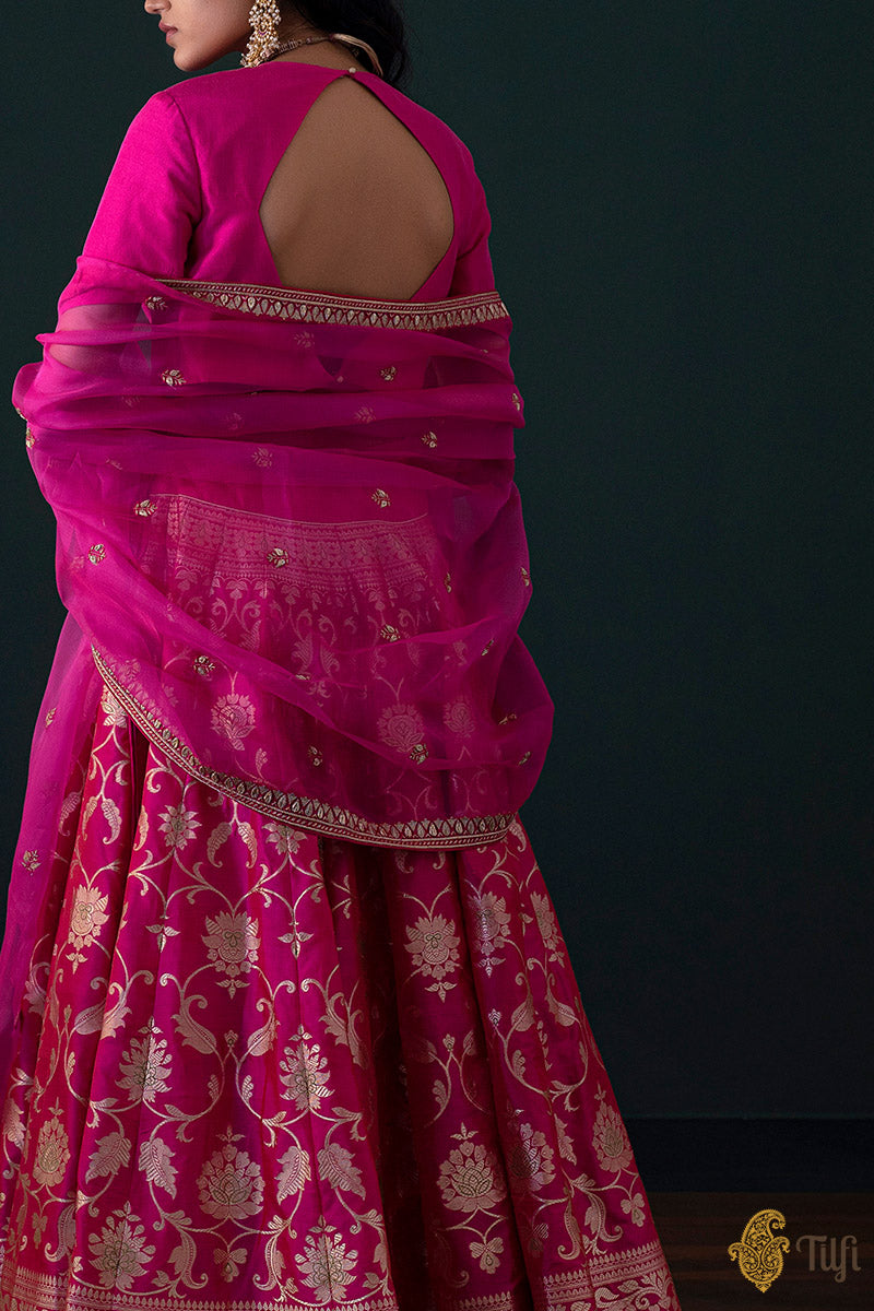 Rani Pink Pure Katan Silk Banarasi Handloom Lehenga Set