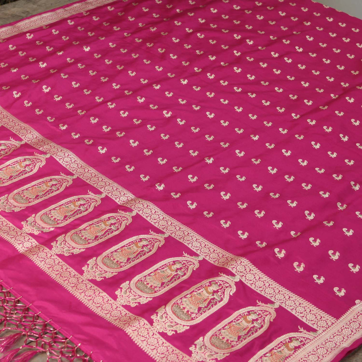 Indian Pink Pure Katan Silk Banarasi Handwoven Dupatta - Tilfi - 3