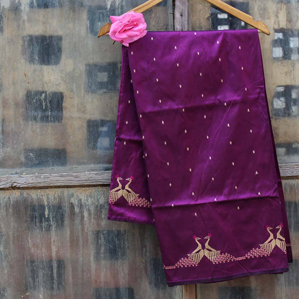 Purple Pure Katan Silk Dupatta &amp; Mauve Pure Katan Silk Fabric
