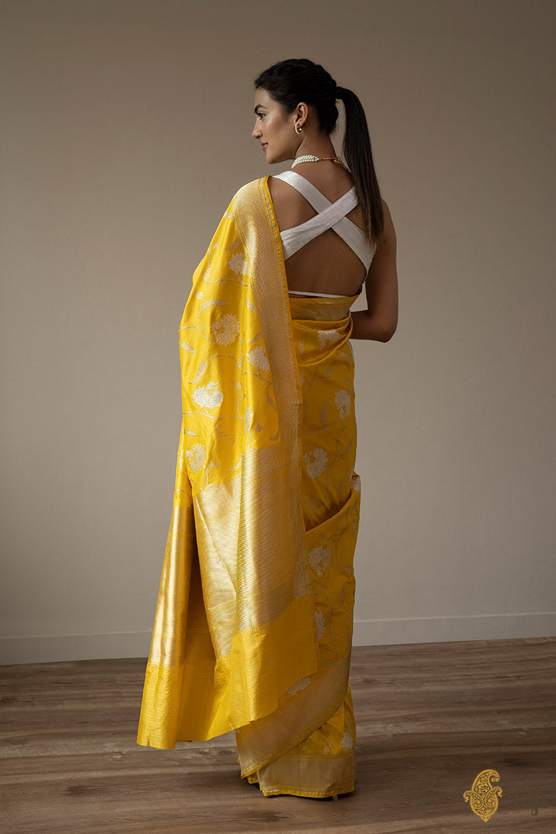 KJ0001-Yellow Pure Katan Silk Banarasi Handloom Saree