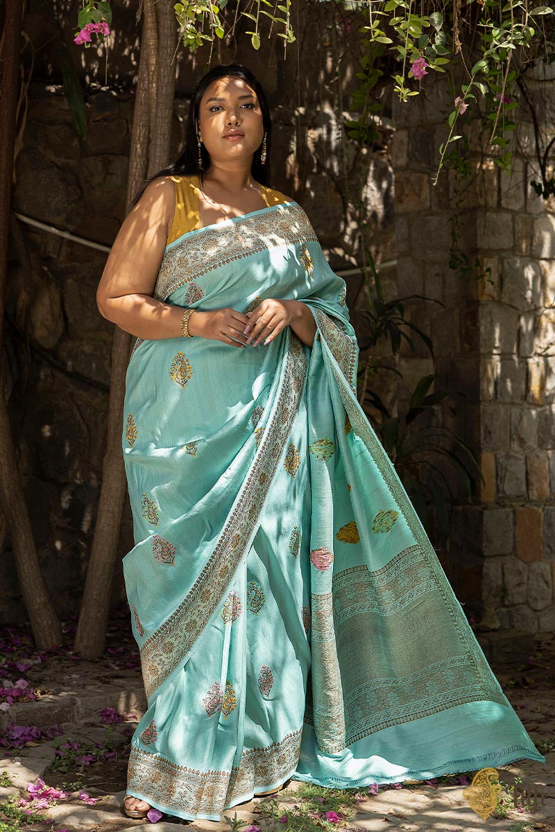 Pre-Order: Light Blue Pure Tussar Georgette Silk Banarasi Handloom Saree