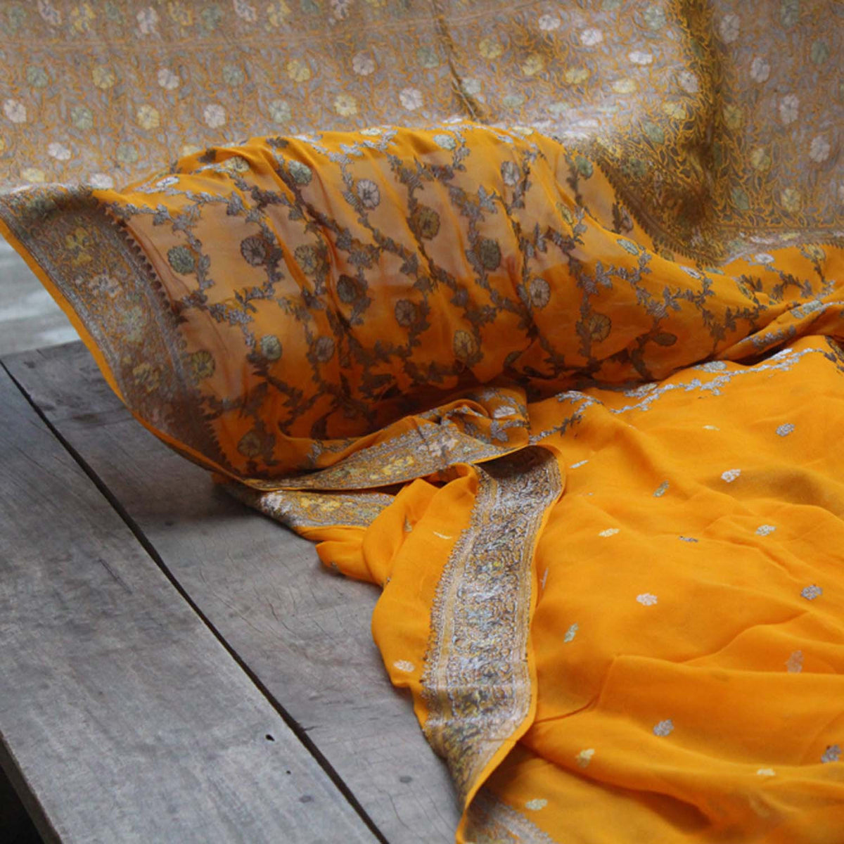 Mustard Pure Chiffon Georgette Banarasi Handloom Saree - Tilfi
