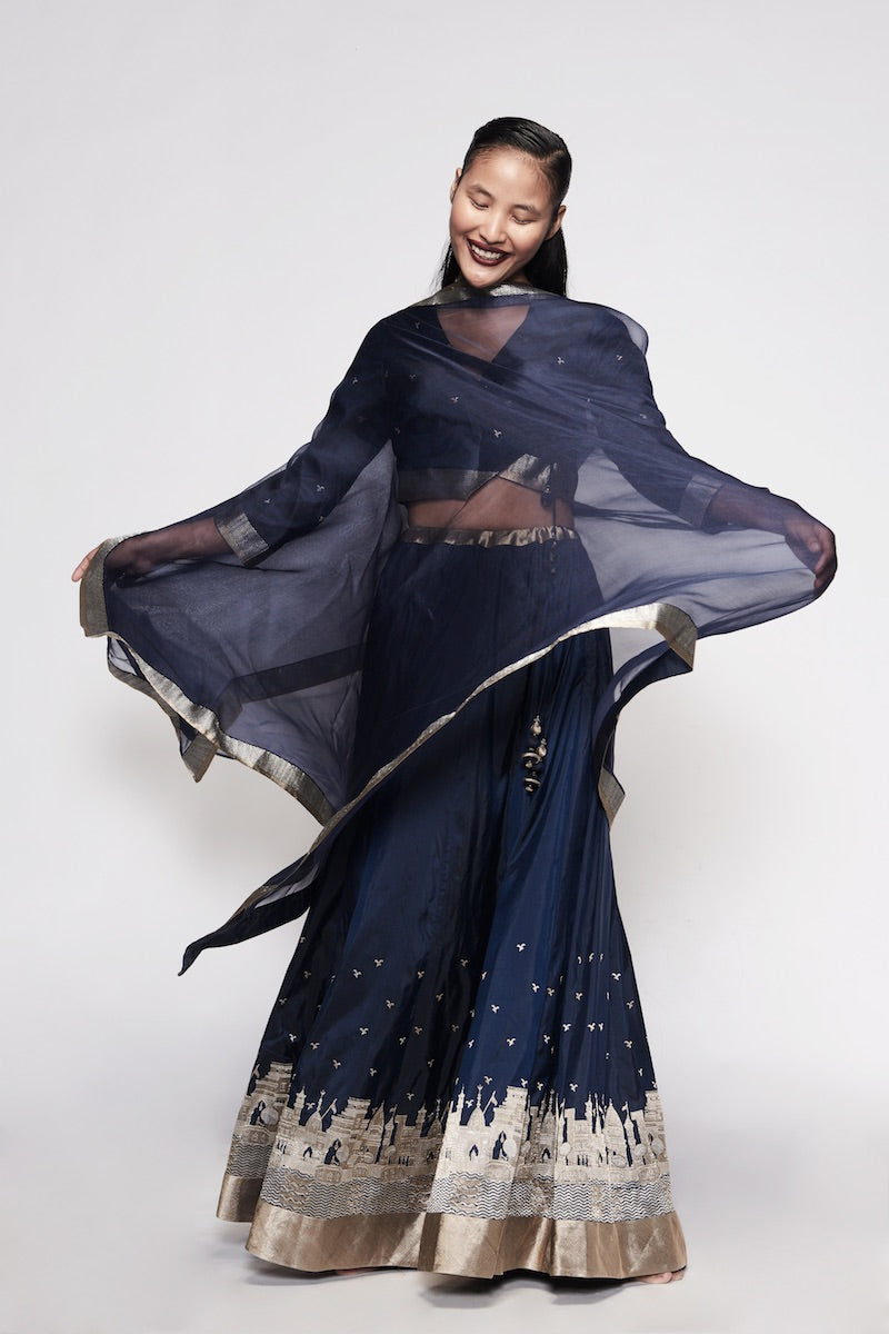 Midnight Blue Pure Katan Silk Banarasi Handloom Made-to-Measure Lehenga