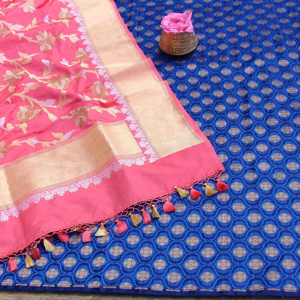 Pink Pure Katan Silk Dupatta &amp; Royal Blue Pure Katan Silk Fabric