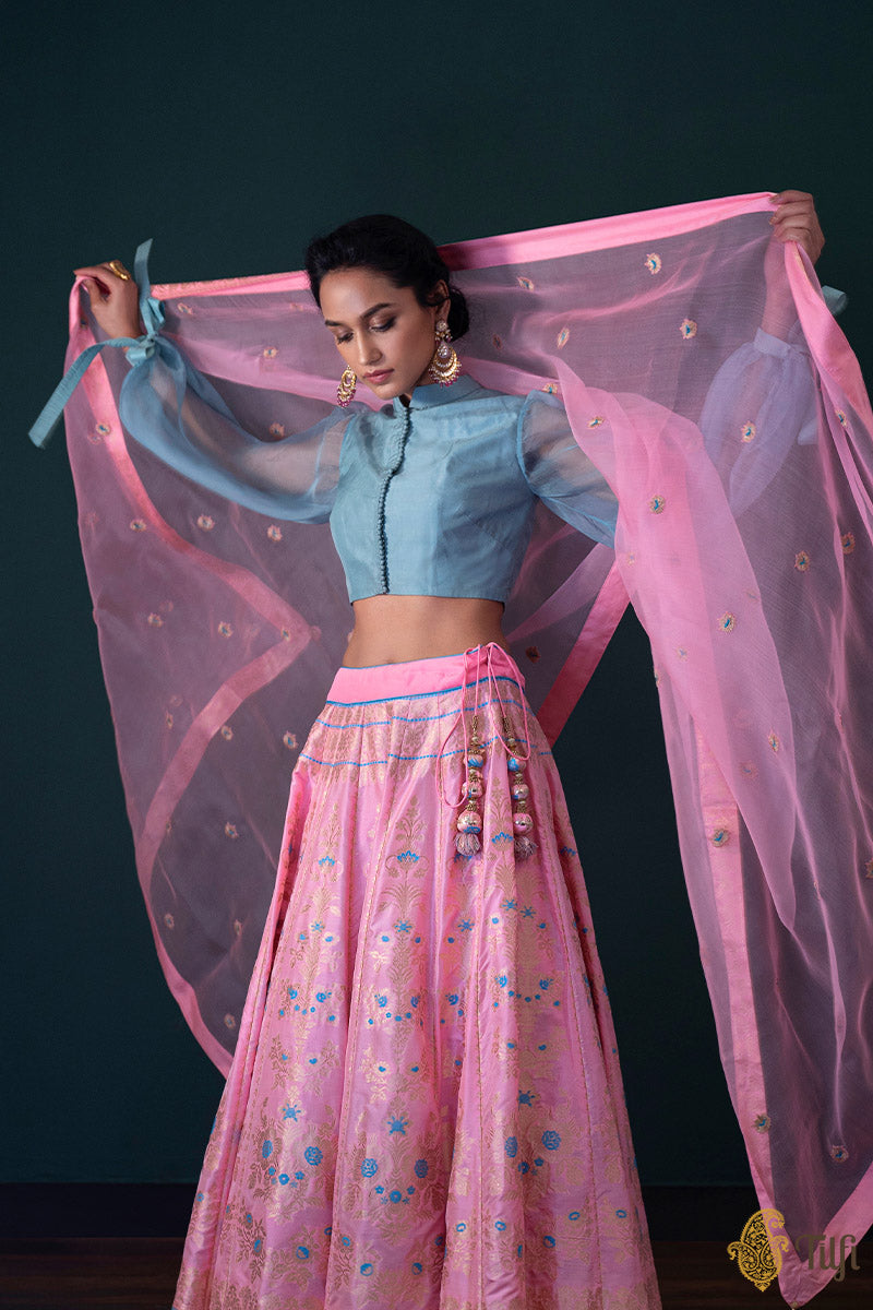 Neon Pink Pure Katan Silk Banarasi Handloom Lehenga Set