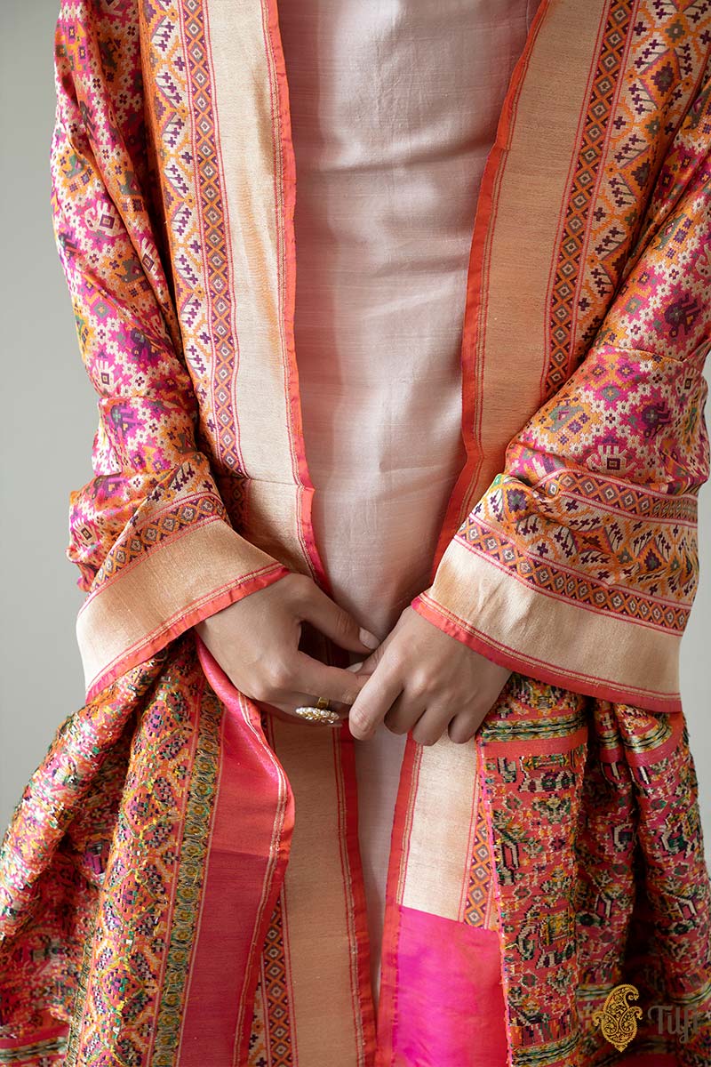 Orange-Pink Pure Katan Silk Banarasi Handloom Patola Dupatta