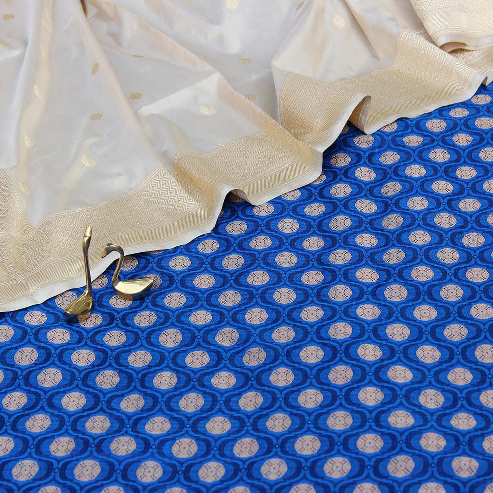 Cream Pure Katan Silk Dupatta &amp; Royal Blue Pure Katan Silk Fabric