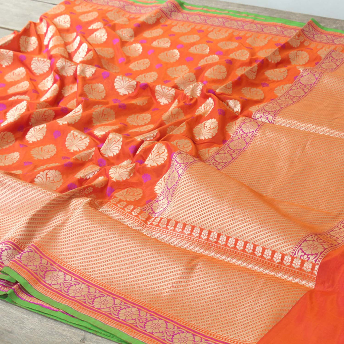 Orange-Magenta Pure Silk Georgette Banarasi Handloom Saree - Tilfi