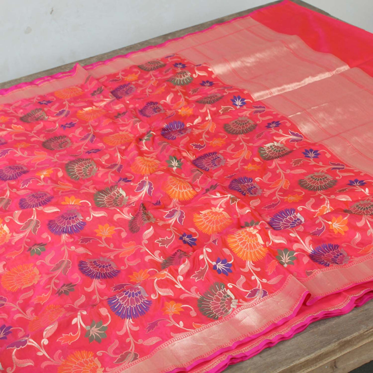 Rose Pink-Orange Pure Silk Georgette Handloom Banarasi Saree - Tilfi - 2