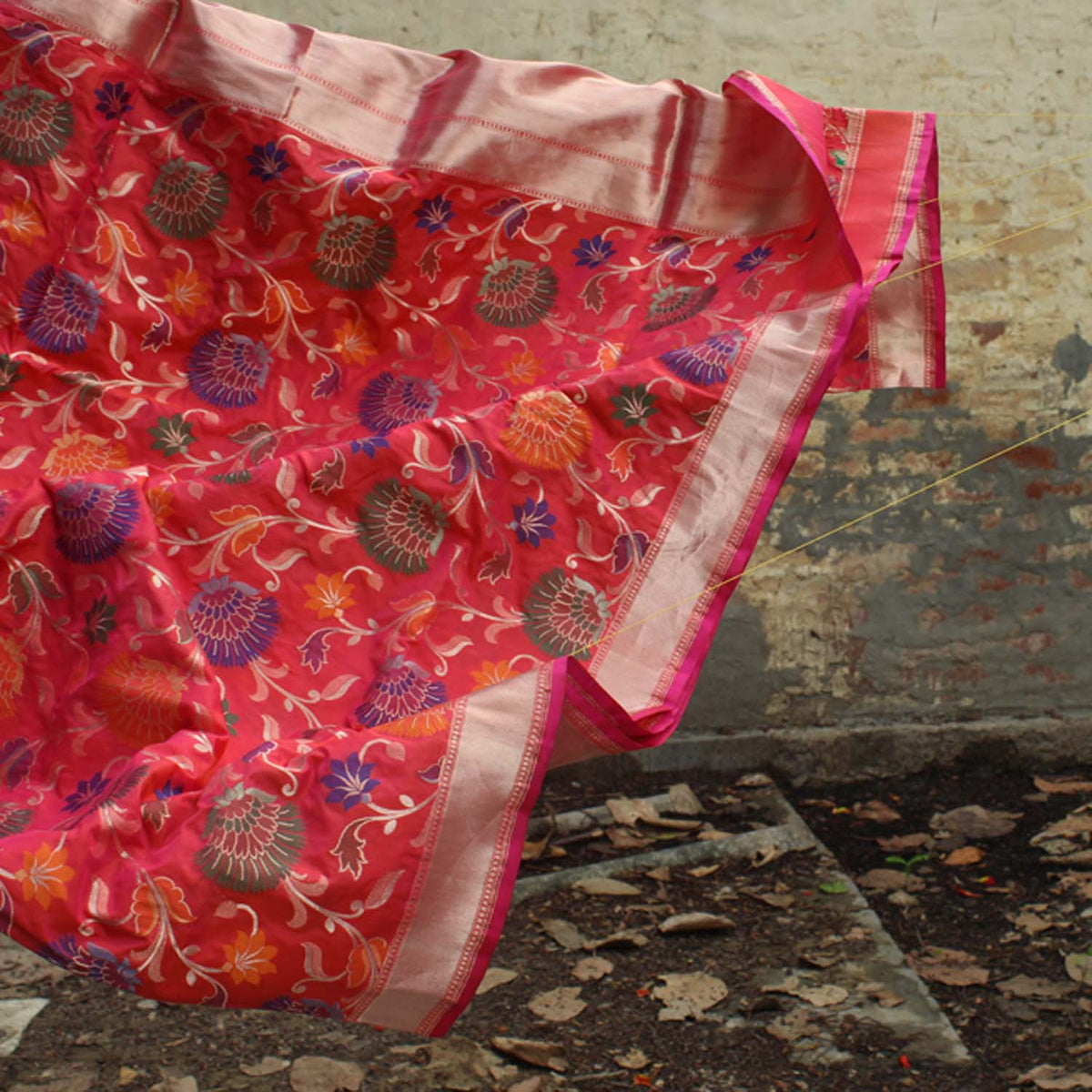 Rose Pink-Orange Pure Silk Georgette Handloom Banarasi Saree - Tilfi - 1