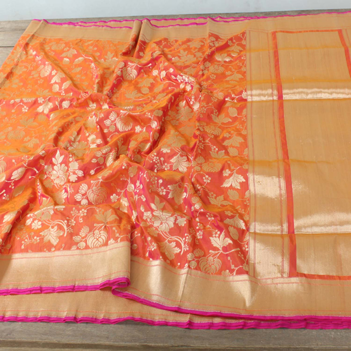 Gold-Indian Pink Pure Silk Georgette Banarasi Handloom Saree - Tilfi - 2