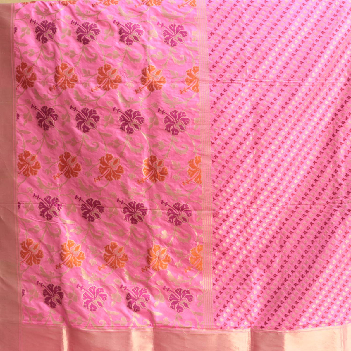 Light Fushia Pink Pure Katan Silk Banarasi Handloom Dupatta - Tilfi - 2