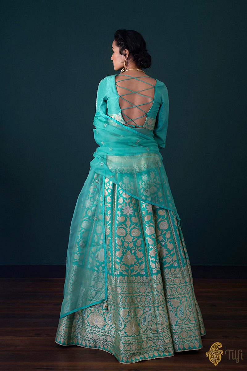 Turquoise Green Pure Katan Silk Banarasi Handloom Made-to-measure Lehenga