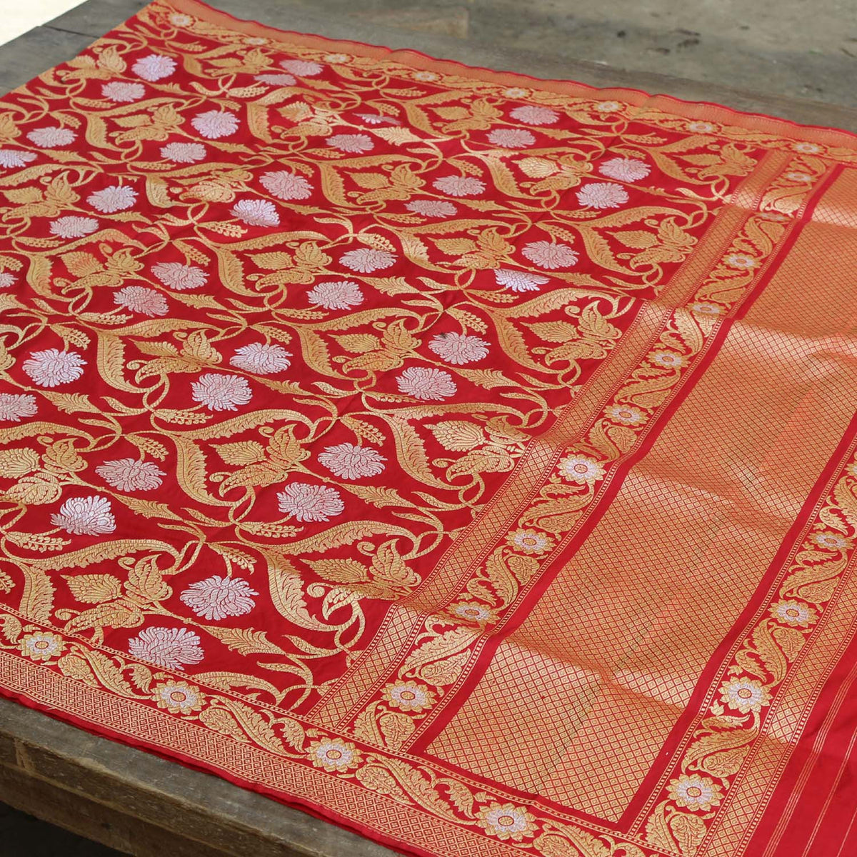 Red Pure Katan Silk Banarasi Handloom Dupatta - Tilfi - 2