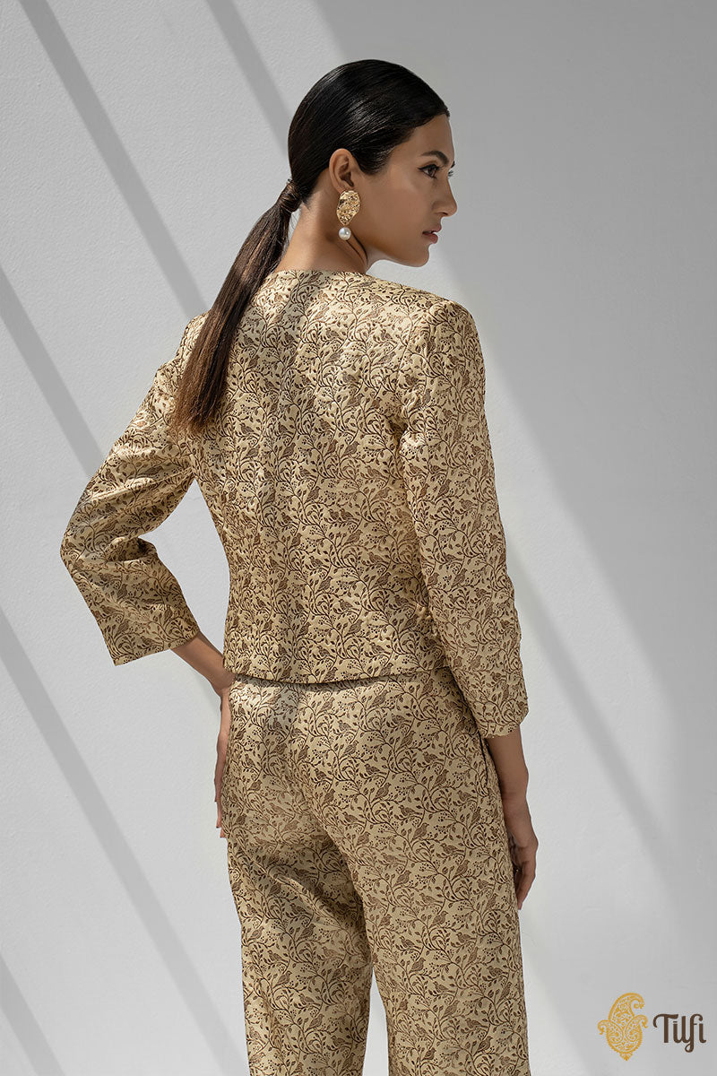 Beige Gold Handwoven Katan Silk Pant Suit Set