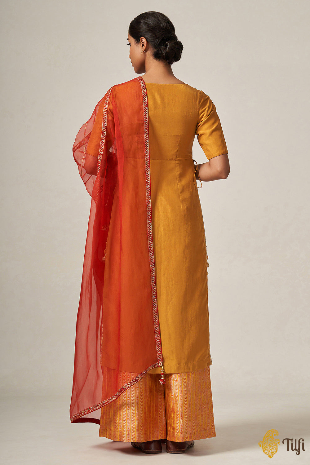 &#39;Kaumari&#39; Mustard Yellow Pure Handloom Silk Brocade Suit Set