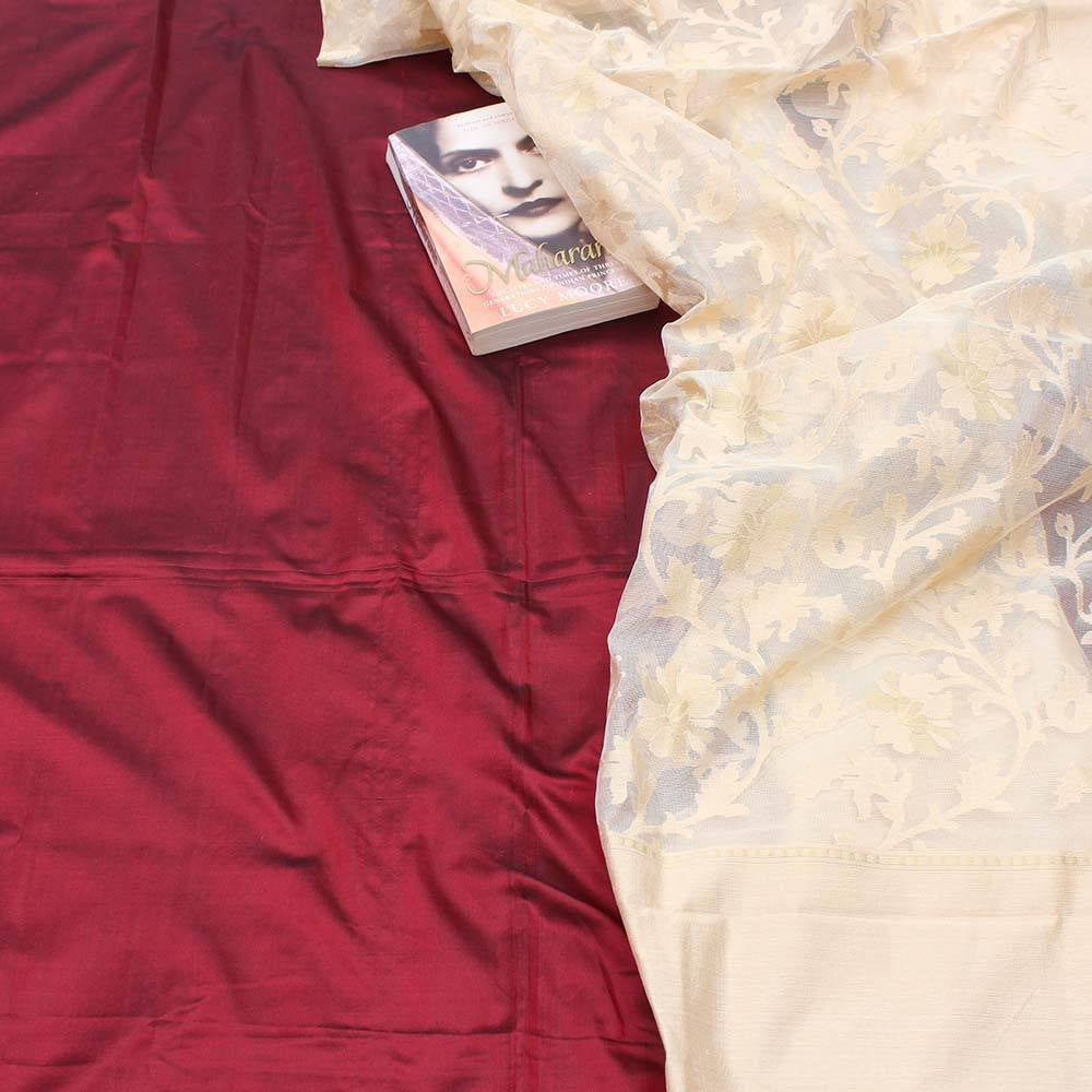 Beige Pure Kora Net Dupatta &amp; Maroon Pure Katan Silk Fabric