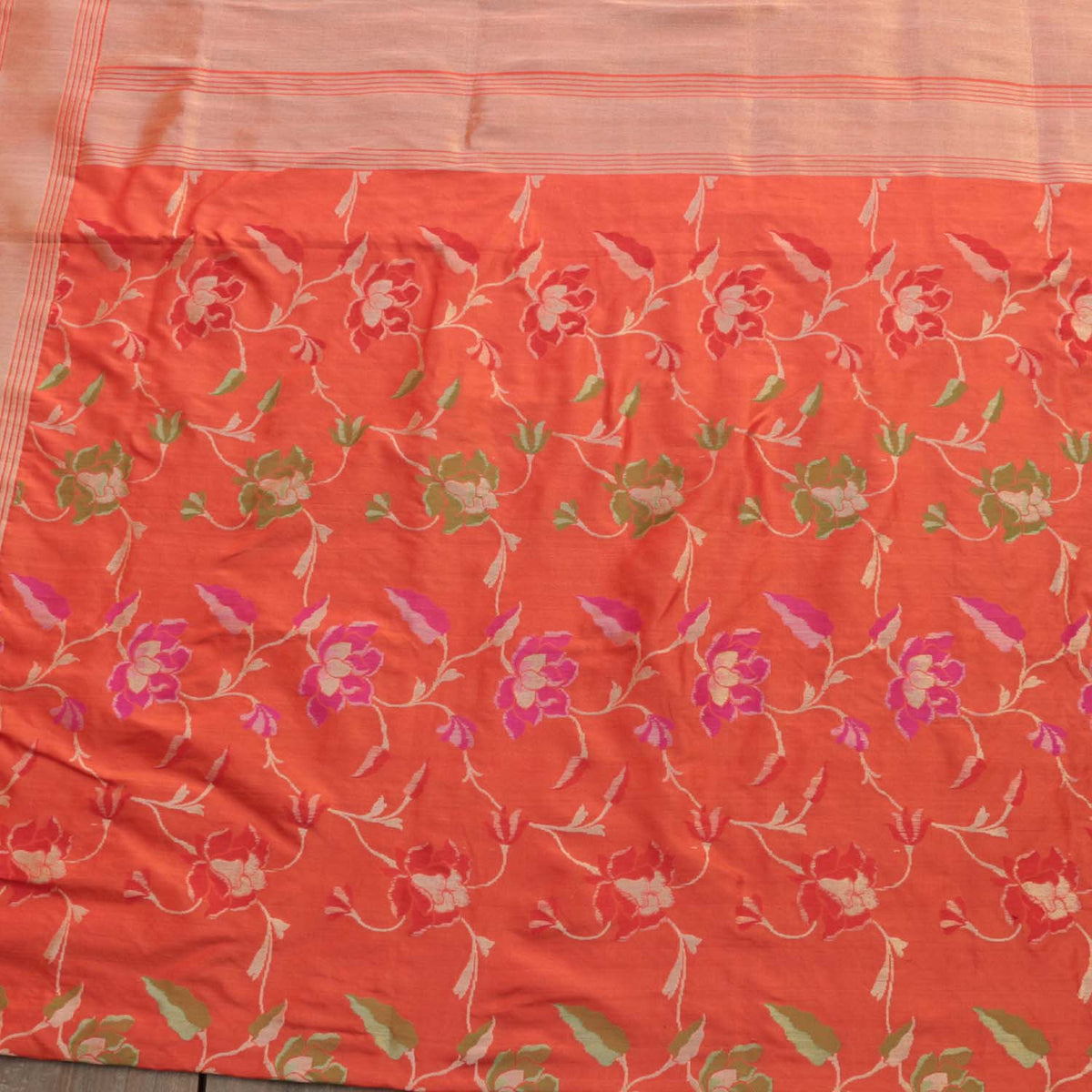 Strawberry Pink-Orange Pure Katan Silk Banarasi Handloom Dupatta - Tilfi - 2