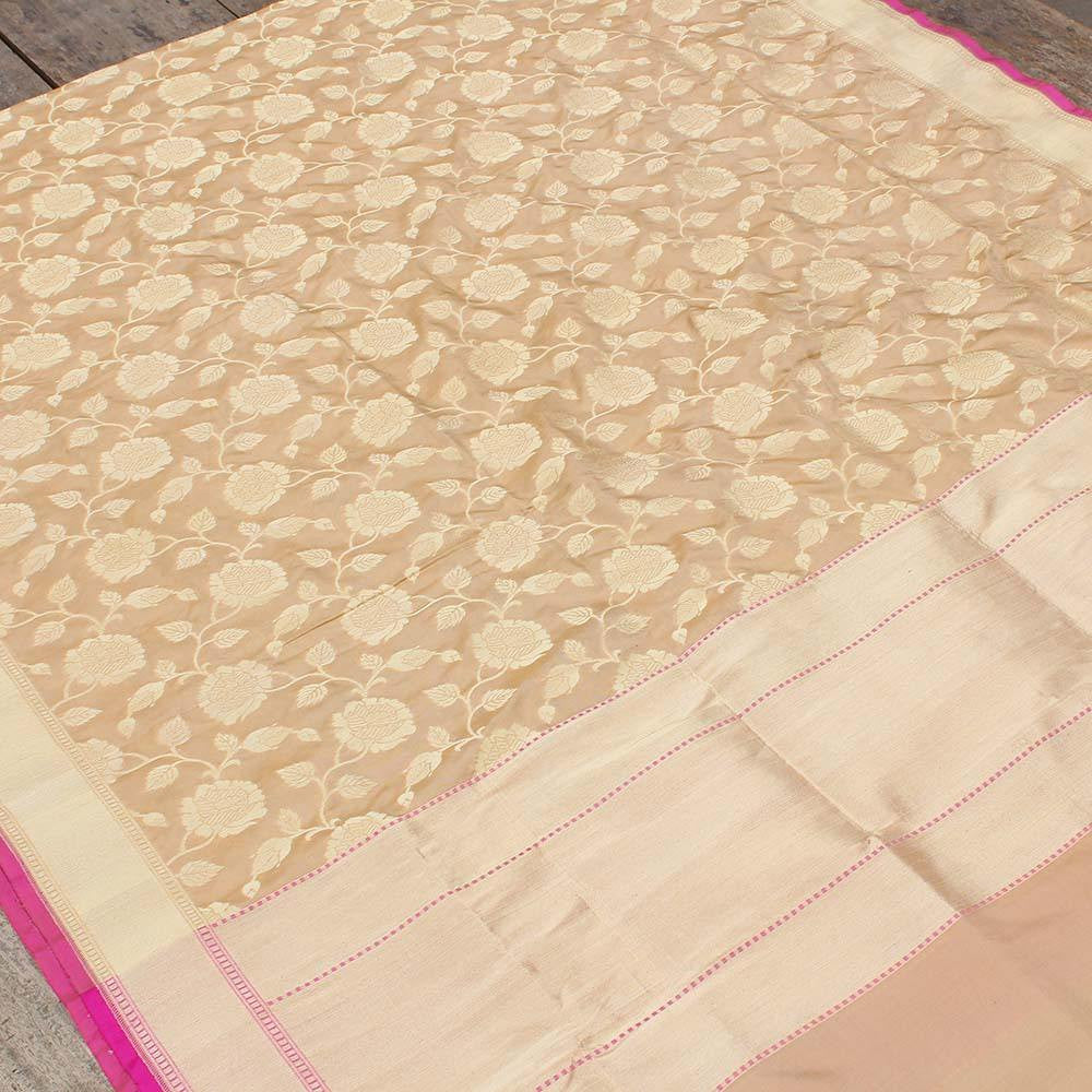 Beige Pure Katan Silk Dupatta &amp; Orange-Pink Pure Katan Silk Fabric