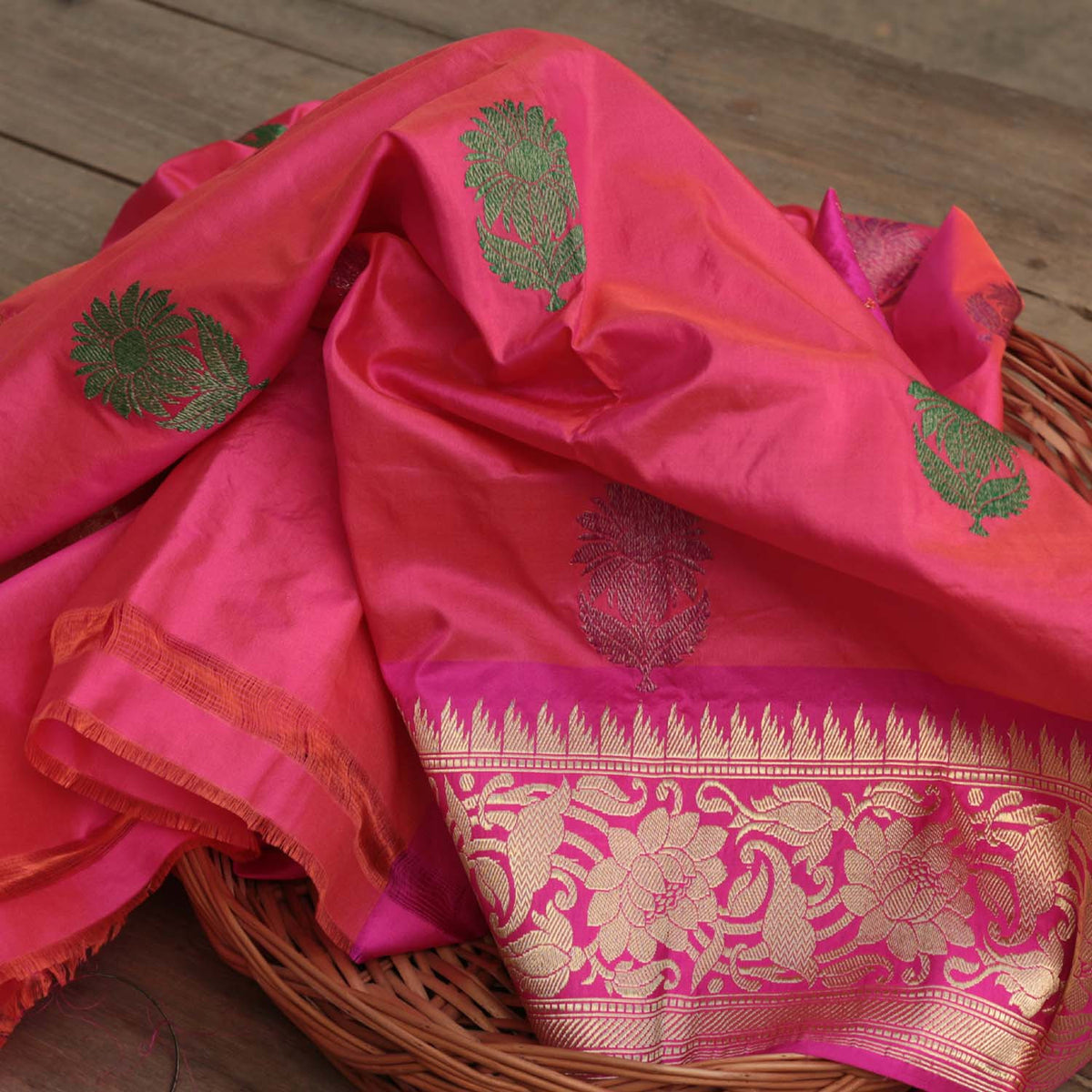 Orange-Indian Pink Pure Katan Silk Banarasi Handloom Dupatta - Tilfi