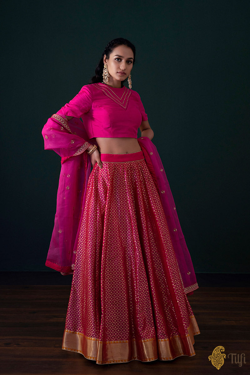 Red-Rani Pink Pure Katan Silk Banarasi Handloom Lehenga Set