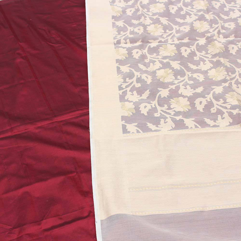 Beige Pure Kora Net Dupatta &amp; Maroon Pure Katan Silk Fabric