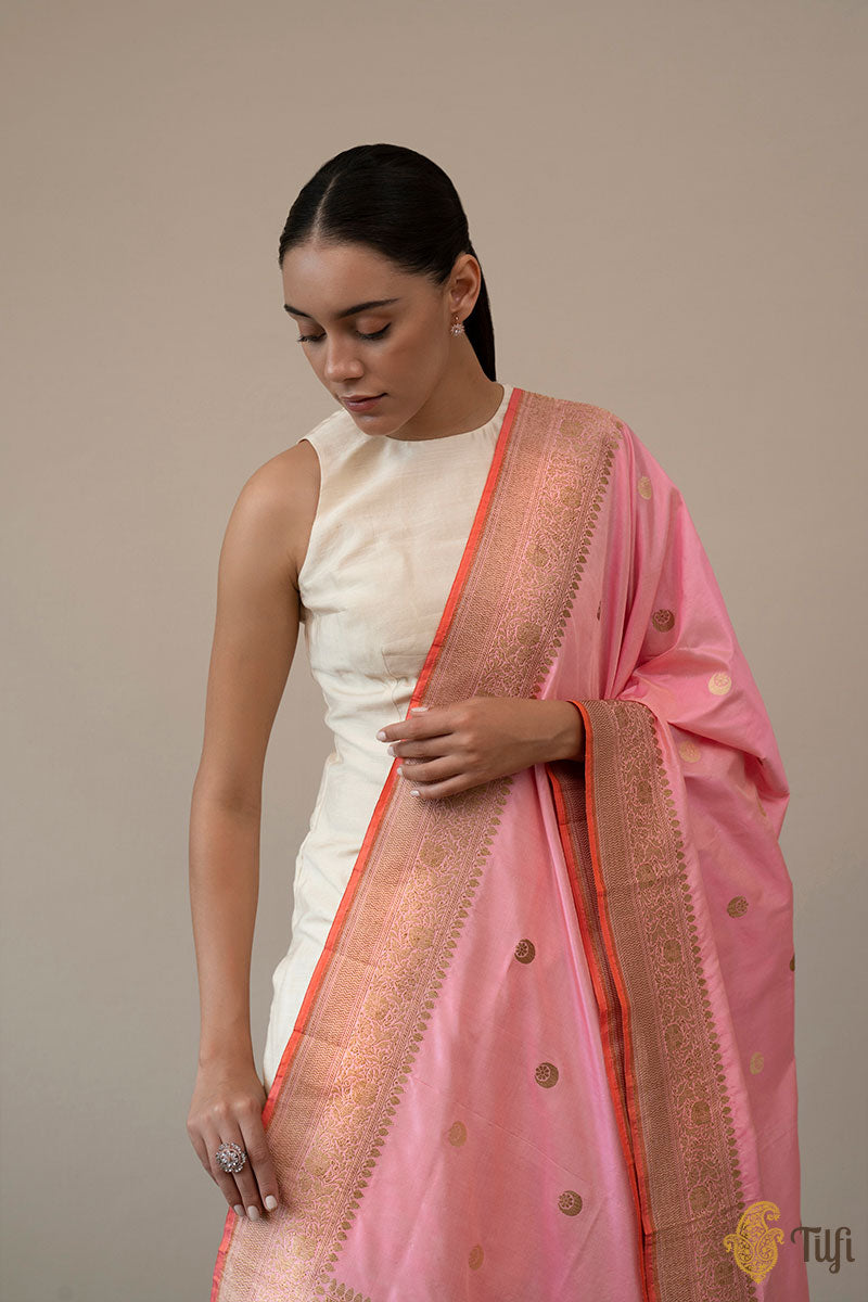 Light Pink Pure Katan Silk Banarasi Handloom Dupatta