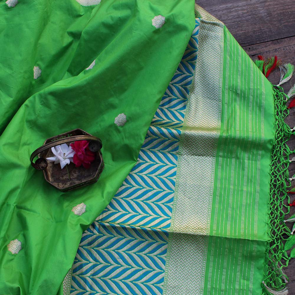 Green Pure Katan Silk Banarasi Handloom Dupatta - Tilfi